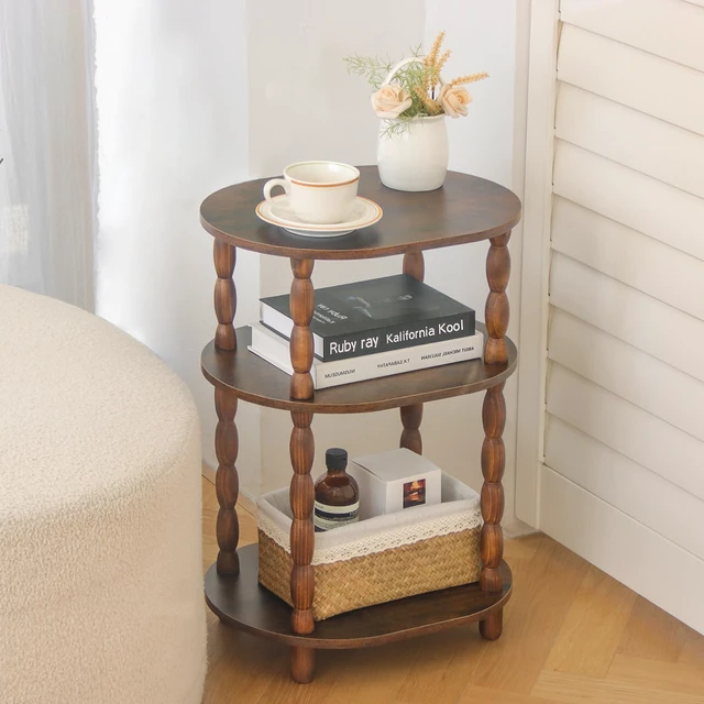 Alt view image 2 of 7 - Side Table with Charging Station, 3-Tier Small End Table with USB Ports and Outlets, Modern Oval Night Stand Accent Table for Living Room, Bedroom, Rustic Brown
