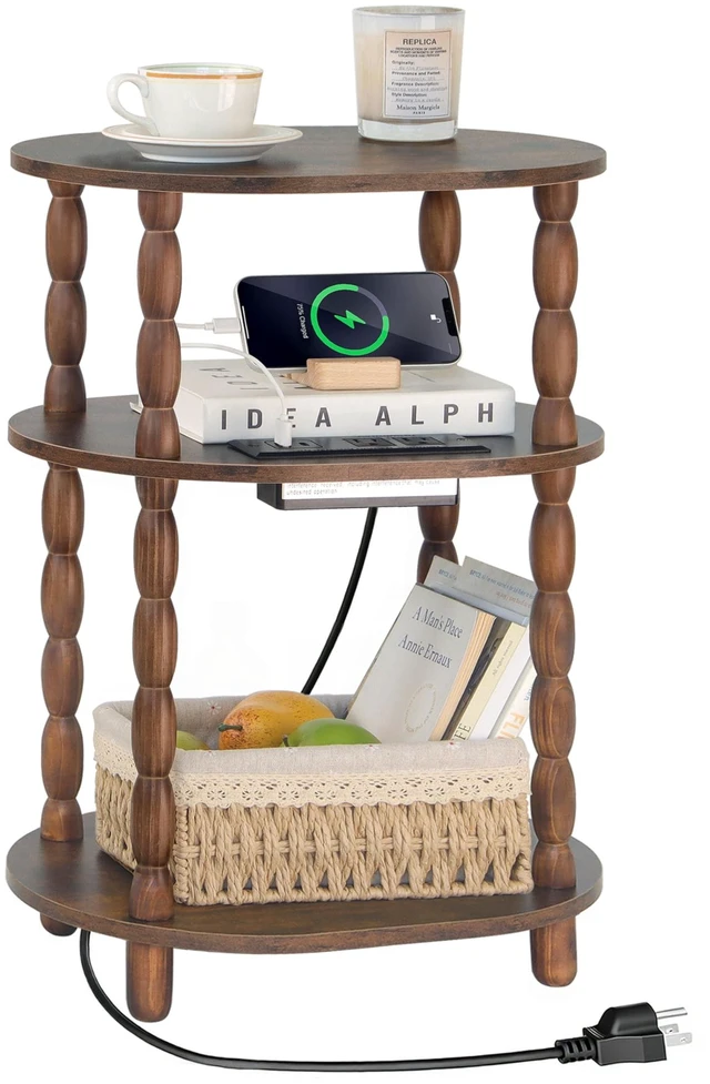 Main image of Side Table with Charging Station, 3-Tier Small End Table with USB Ports and Outlets, Modern Oval Night Stand Accent Table for Living Room, Bedroom, Rustic Brown