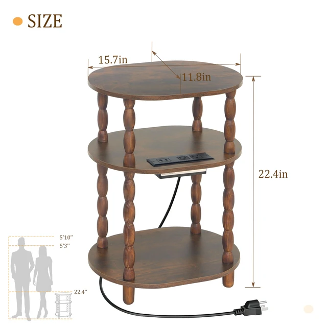 Alt view image 3 of 7 - Side Table with Charging Station, 3-Tier Small End Table with USB Ports and Outlets, Modern Oval Night Stand Accent Table for Living Room, Bedroom, Rustic Brown