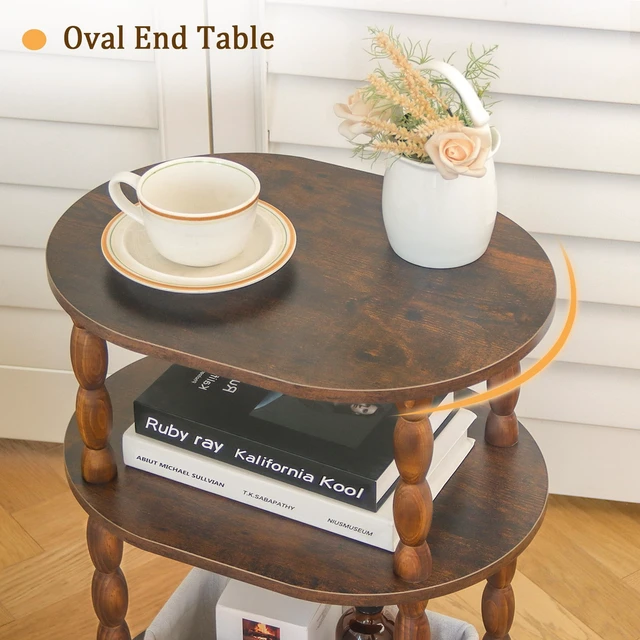 Alt view image 6 of 7 - Side Table with Charging Station, 3-Tier Small End Table with USB Ports and Outlets, Modern Oval Night Stand Accent Table for Living Room, Bedroom, Rustic Brown