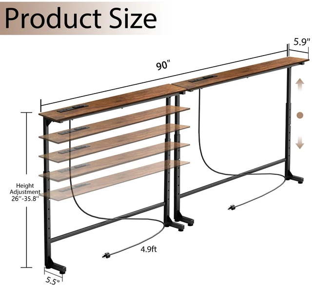 Alt view image 3 of 7 - 90 inch Behind Couch Table with Outlets Sofa Table Rustic Brown | Adjustable Height(25"-37"),Skinny Couch Shelf with Charging Station,Long Entryway Tables for Living Room