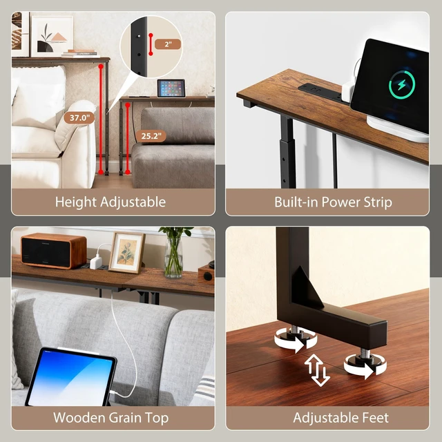 Alt view image 5 of 7 - 90 inch Behind Couch Table with Outlets Sofa Table Rustic Brown | Adjustable Height(25"-37"),Skinny Couch Shelf with Charging Station,Long Entryway Tables for Living Room