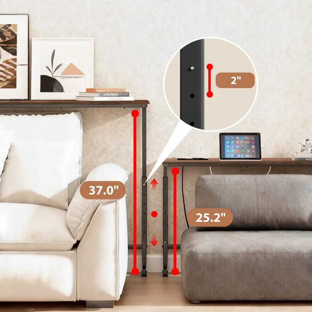 Alt view image 4 of 7 - 90 inch Behind Couch Table with Outlets Sofa Table Rustic Brown | Adjustable Height(25"-37"),Skinny Couch Shelf with Charging Station,Long Entryway Tables for Living Room