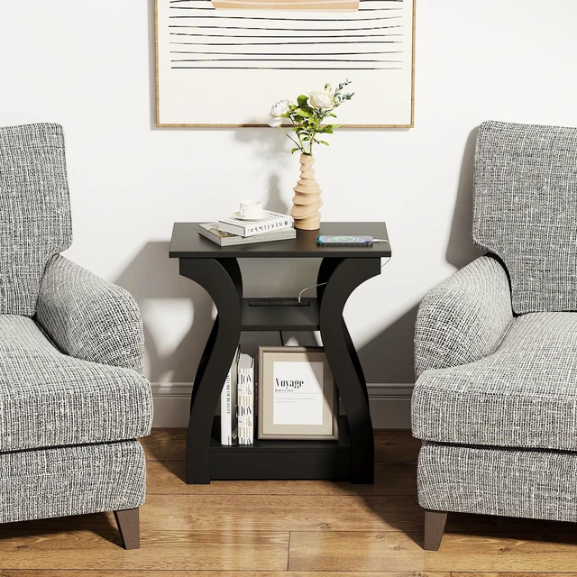 Alt view image 2 of 7 - End Tables Living Room with Charging Station, Black Side Tble | Side Table Living Room, with USB Ports and Outlets, Nightstand for Bedroom, 3-Tier Storage Shelf, Bedside Table