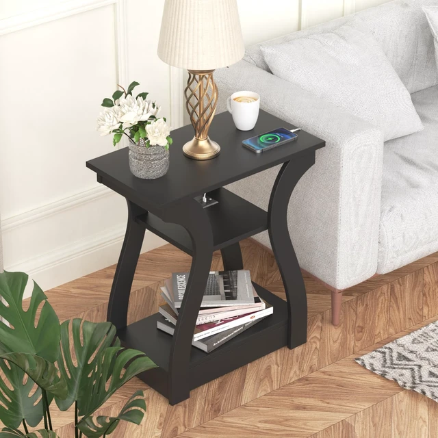 Alt view image 4 of 7 - End Tables Living Room with Charging Station, Black Side Tble | Side Table Living Room, with USB Ports and Outlets, Nightstand for Bedroom, 3-Tier Storage Shelf, Bedside Table