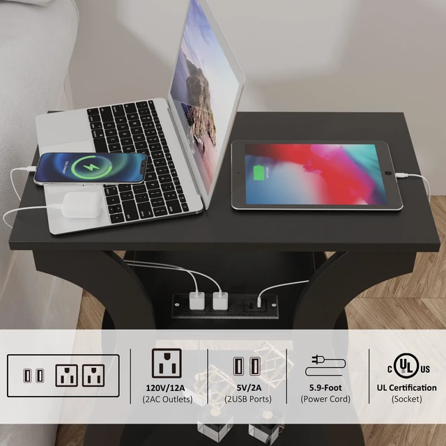 Alt view image 5 of 7 - End Tables Living Room with Charging Station, Black Side Tble | Side Table Living Room, with USB Ports and Outlets, Nightstand for Bedroom, 3-Tier Storage Shelf, Bedside Table