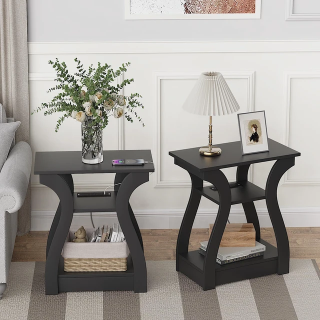 Alt view image 7 of 7 - End Tables Living Room with Charging Station, Black Side Tble | Side Table Living Room, with USB Ports and Outlets, Nightstand for Bedroom, 3-Tier Storage Shelf, Bedside Table