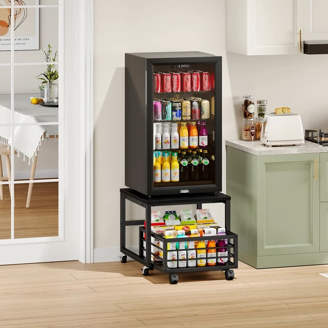 Alt view image 3 of 7 - End Table, Mini Fridge Stand with Storage, Mini Fridge Table with Wheels and Adjustable Feet, Sturdy Metal Frame, for Living Room, Bedroom, Office, Black BB155TL01