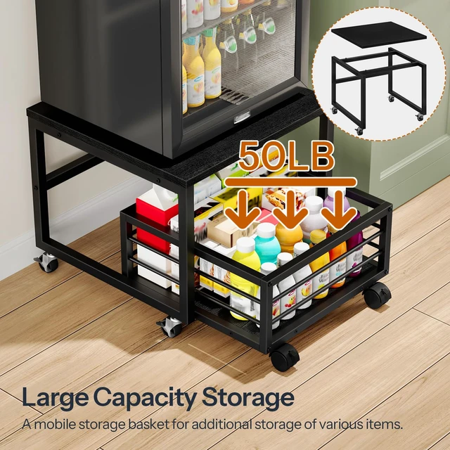 Alt view image 7 of 7 - End Table, Mini Fridge Stand with Storage, Mini Fridge Table with Wheels and Adjustable Feet, Sturdy Metal Frame, for Living Room, Bedroom, Office, Black BB155TL01