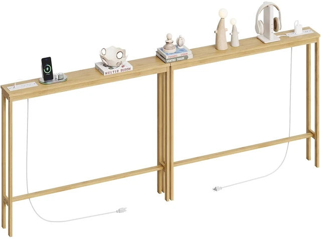 Main image of 2 Pack Bamboo Console Table, 5.9'' Narrow Sofa Table Behind Couch | Slim Skinny Hallway Table with Charging Station for Entryway, Living Room, Foyer, Entrance, 5.9 x 39.4 x 31.5in, Natural