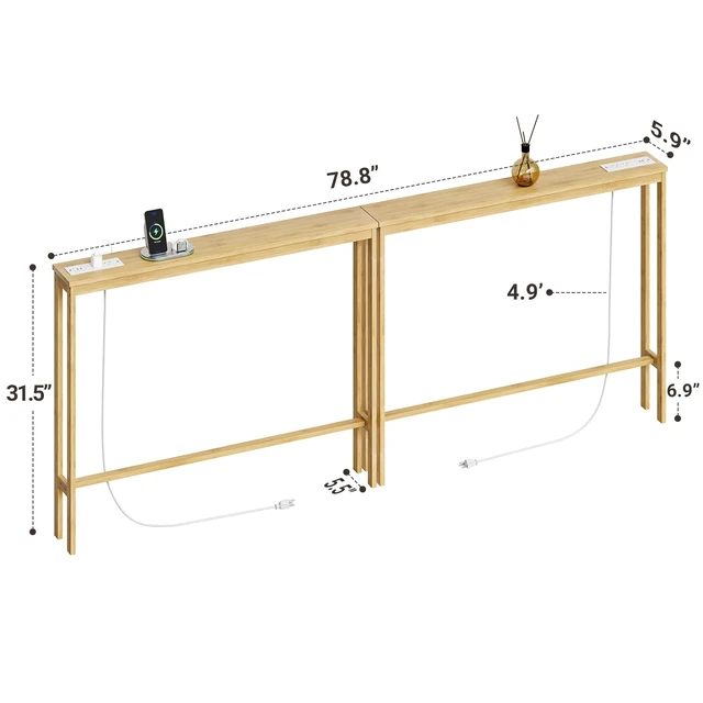 Alt view image 3 of 7 - 2 Pack Bamboo Console Table, 5.9'' Narrow Sofa Table Behind Couch | Slim Skinny Hallway Table with Charging Station for Entryway, Living Room, Foyer, Entrance, 5.9 x 39.4 x 31.5in, Natural