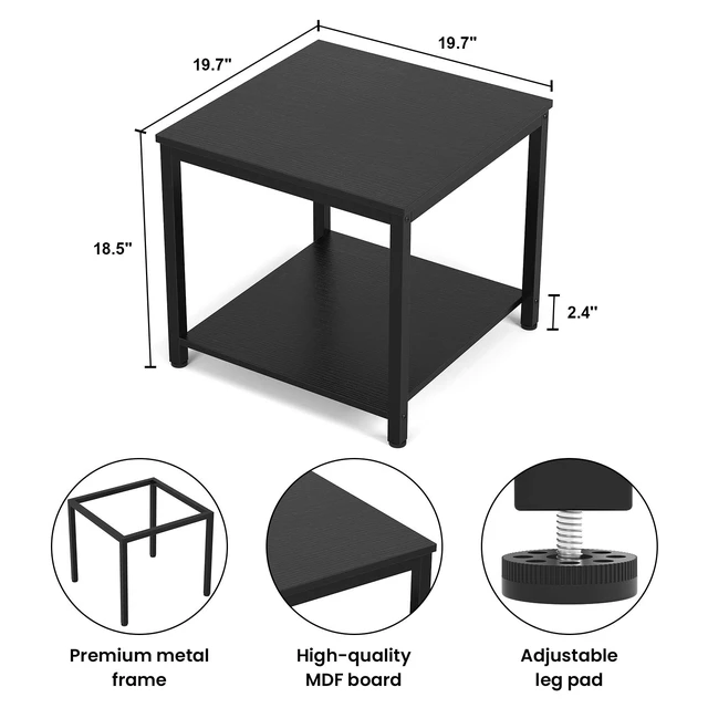 Alt view image 7 of 7 - Side Table 20 Inch Square, 2-Tier Coffee Tea End Table Nightstands for Sofa Couch Bed, Metal Wood Accent Modern Simple Industrial Style Side Table for Living Room Bedroom, Black