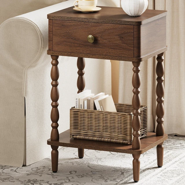 Main image of Small Side Table with Drawer - Walnut Night Stand with Wood Legs | Accent Nightstand Bedside Table for Bedroom, Mid Century Modern End Tables Living Room, Vintage Side Tables for Small Space