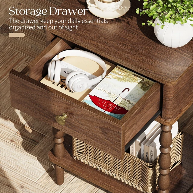 Alt view image 4 of 7 - Small Side Table with Drawer - Walnut Night Stand with Wood Legs | Accent Nightstand Bedside Table for Bedroom, Mid Century Modern End Tables Living Room, Vintage Side Tables for Small Space