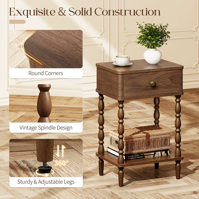Alt view image 3 of 7 - Small Side Table with Drawer - Walnut Night Stand with Wood Legs | Accent Nightstand Bedside Table for Bedroom, Mid Century Modern End Tables Living Room, Vintage Side Tables for Small Space