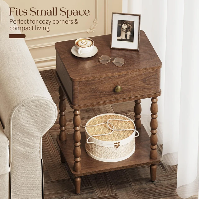Alt view image 5 of 7 - Small Side Table with Drawer - Walnut Night Stand with Wood Legs | Accent Nightstand Bedside Table for Bedroom, Mid Century Modern End Tables Living Room, Vintage Side Tables for Small Space