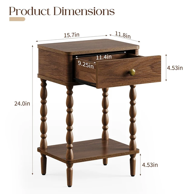 Alt view image 2 of 7 - Small Side Table with Drawer - Walnut Night Stand with Wood Legs | Accent Nightstand Bedside Table for Bedroom, Mid Century Modern End Tables Living Room, Vintage Side Tables for Small Space