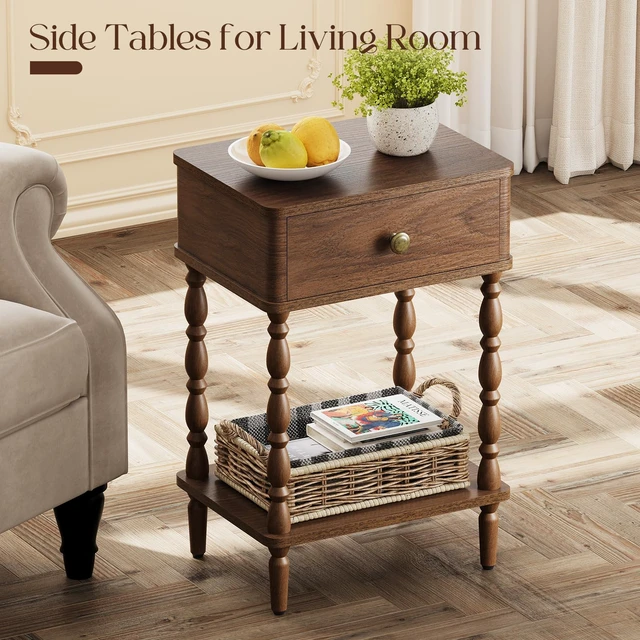 Alt view image 6 of 7 - Small Side Table with Drawer - Walnut Night Stand with Wood Legs | Accent Nightstand Bedside Table for Bedroom, Mid Century Modern End Tables Living Room, Vintage Side Tables for Small Space