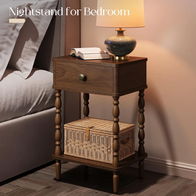 Alt view image 7 of 7 - Small Side Table with Drawer - Walnut Night Stand with Wood Legs | Accent Nightstand Bedside Table for Bedroom, Mid Century Modern End Tables Living Room, Vintage Side Tables for Small Space