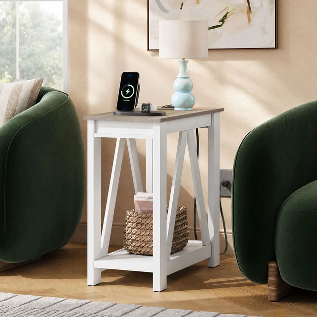 Alt view image 2 of 7 - Narrow End Table with Charging Station Farmhouse Side Table Slim | ETL Listed 2 AC Outlets + 2 USB Ports; Sturdy A-Shaped Frame; 55 Lbs Capacity; 2 Tier Shelves; Non Slip Pads; Easy Assembly