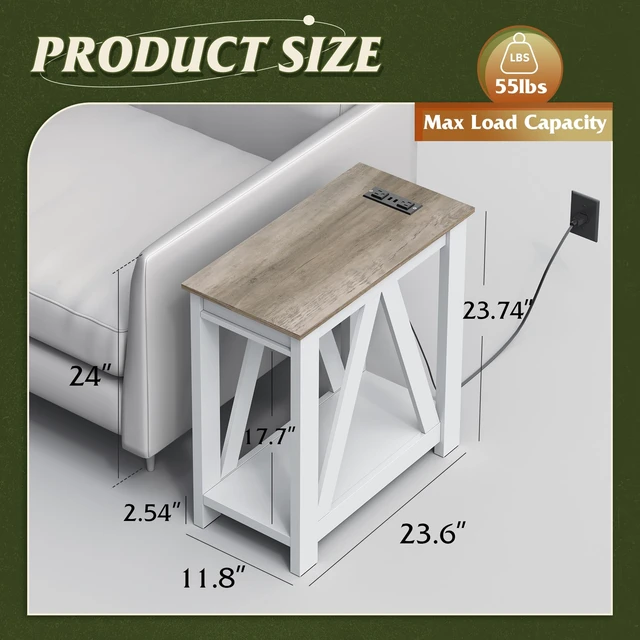 Alt view image 3 of 7 - Narrow End Table with Charging Station Farmhouse Side Table Slim | ETL Listed 2 AC Outlets + 2 USB Ports; Sturdy A-Shaped Frame; 55 Lbs Capacity; 2 Tier Shelves; Non Slip Pads; Easy Assembly