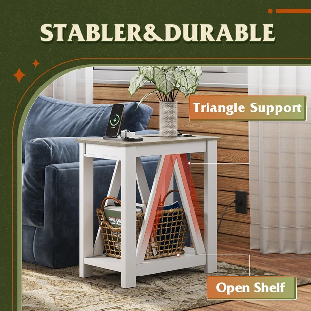 Alt view image 5 of 7 - Narrow End Table with Charging Station Farmhouse Side Table Slim | ETL Listed 2 AC Outlets + 2 USB Ports; Sturdy A-Shaped Frame; 55 Lbs Capacity; 2 Tier Shelves; Non Slip Pads; Easy Assembly