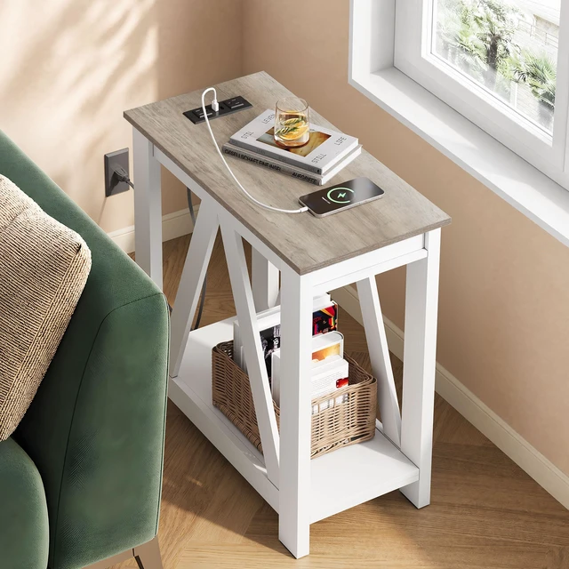 Alt view image 7 of 7 - Narrow End Table with Charging Station Farmhouse Side Table Slim | ETL Listed 2 AC Outlets + 2 USB Ports; Sturdy A-Shaped Frame; 55 Lbs Capacity; 2 Tier Shelves; Non Slip Pads; Easy Assembly
