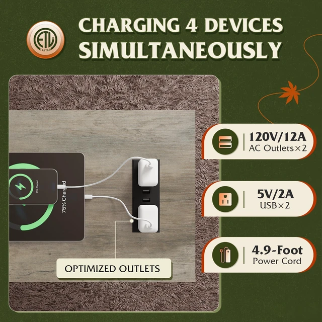 Alt view image 4 of 7 - Narrow End Table with Charging Station Farmhouse Side Table Slim | ETL Listed 2 AC Outlets + 2 USB Ports; Sturdy A-Shaped Frame; 55 Lbs Capacity; 2 Tier Shelves; Non Slip Pads; Easy Assembly
