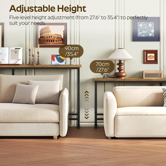 Alt view image 2 of 7 - 70.9" Console Table with Adjustable Height (27.6"-35.4") and Power Outlet, Skinny Behind Couch Table, Narrow Long Sofa Table for Living Room, Hallway, Entryway, Rustic Brown and Black CT08UBR