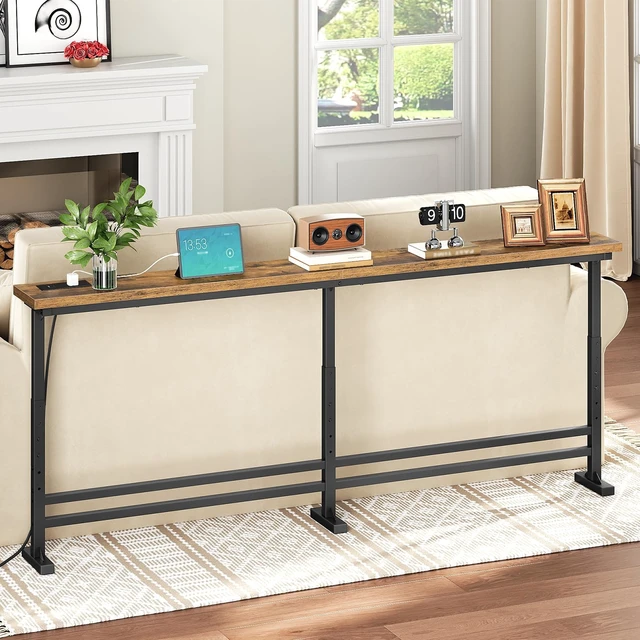 Alt view image 3 of 7 - 70.9" Console Table with Adjustable Height (27.6"-35.4") and Power Outlet, Skinny Behind Couch Table, Narrow Long Sofa Table for Living Room, Hallway, Entryway, Rustic Brown and Black CT08UBR