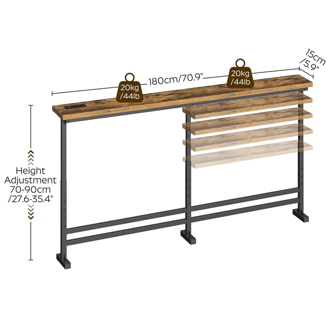 Alt view image 5 of 7 - 70.9" Console Table with Adjustable Height (27.6"-35.4") and Power Outlet, Skinny Behind Couch Table, Narrow Long Sofa Table for Living Room, Hallway, Entryway, Rustic Brown and Black CT08UBR