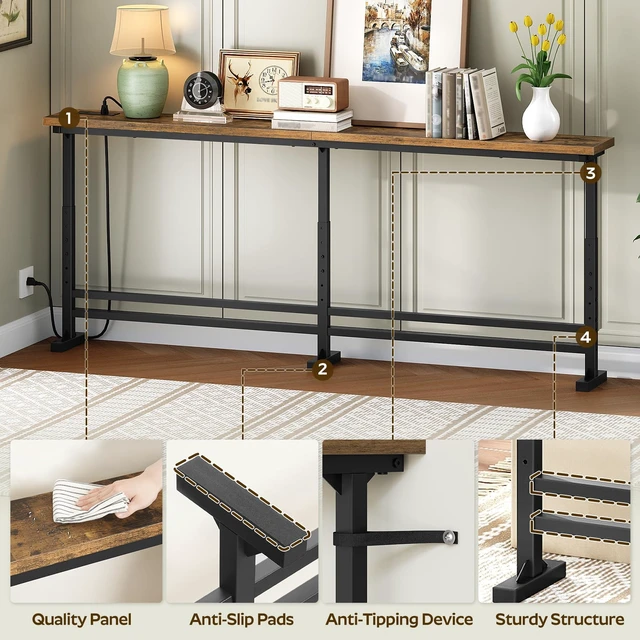 Alt view image 6 of 7 - 70.9" Console Table with Adjustable Height (27.6"-35.4") and Power Outlet, Skinny Behind Couch Table, Narrow Long Sofa Table for Living Room, Hallway, Entryway, Rustic Brown and Black CT08UBR