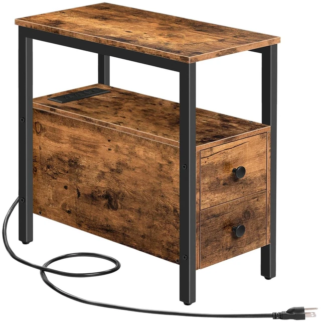 Main image of End Table with Charging Station, Narrow Side Table with 2 Drawer & USB Ports & Power Outlets, Nightstand for Small Spaces, for Living Room, Bedroom, Rustic Brown and Black BF541BZ01