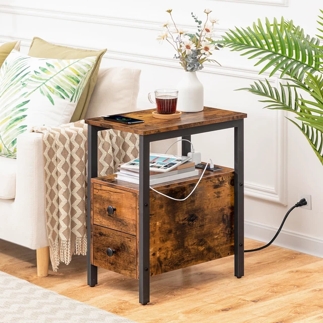 Alt view image 2 of 7 - End Table with Charging Station, Narrow Side Table with 2 Drawer & USB Ports & Power Outlets, Nightstand for Small Spaces, for Living Room, Bedroom, Rustic Brown and Black BF541BZ01