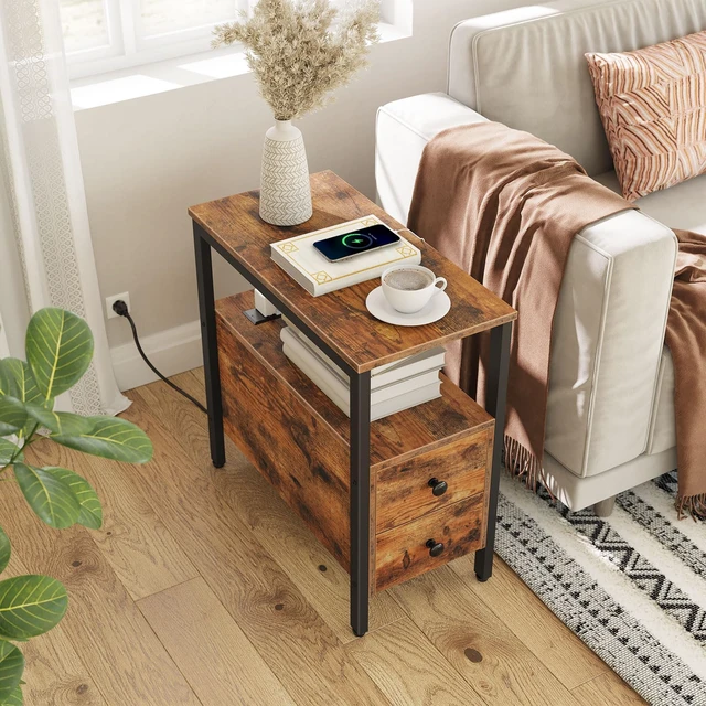 Alt view image 7 of 7 - End Table with Charging Station, Narrow Side Table with 2 Drawer & USB Ports & Power Outlets, Nightstand for Small Spaces, for Living Room, Bedroom, Rustic Brown and Black BF541BZ01