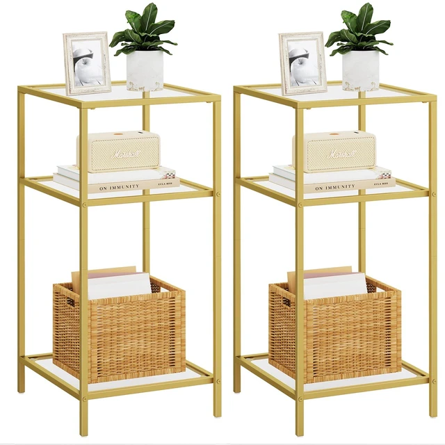 Main image of Side Tables Set of 2, 3-Tier End Tables with Tempered Glass | Nightstands with Storage Shelves, Slim Sofa Tables for Living Room & Bedroom, Golden
