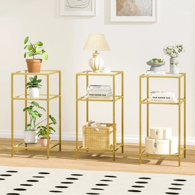 Alt view image 4 of 7 - Side Tables Set of 2, 3-Tier End Tables with Tempered Glass | Nightstands with Storage Shelves, Slim Sofa Tables for Living Room & Bedroom, Golden