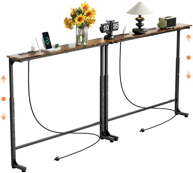 Main image of 2 Pack Adjustable Height Narrow Console Table with Power Outlets, 90" Long Sofa Table with Charging Station Behind Couch Table Entryway Table for Living Room and Hallway Rustic Brown