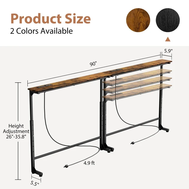 Alt view image 2 of 7 - 2 Pack Adjustable Height Narrow Console Table with Power Outlets, 90" Long Sofa Table with Charging Station Behind Couch Table Entryway Table for Living Room and Hallway Rustic Brown
