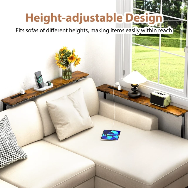 Alt view image 3 of 7 - 2 Pack Adjustable Height Narrow Console Table with Power Outlets, 90" Long Sofa Table with Charging Station Behind Couch Table Entryway Table for Living Room and Hallway Rustic Brown