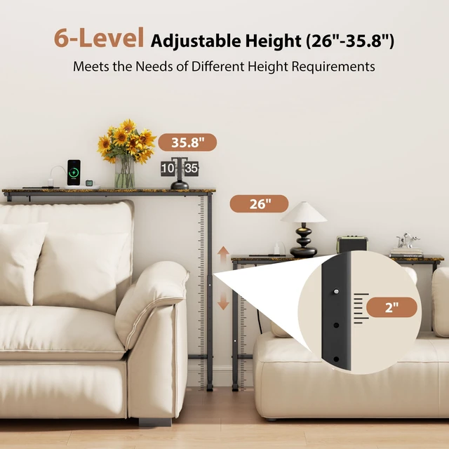 Alt view image 4 of 7 - 2 Pack Adjustable Height Narrow Console Table with Power Outlets, 90" Long Sofa Table with Charging Station Behind Couch Table Entryway Table for Living Room and Hallway Rustic Brown