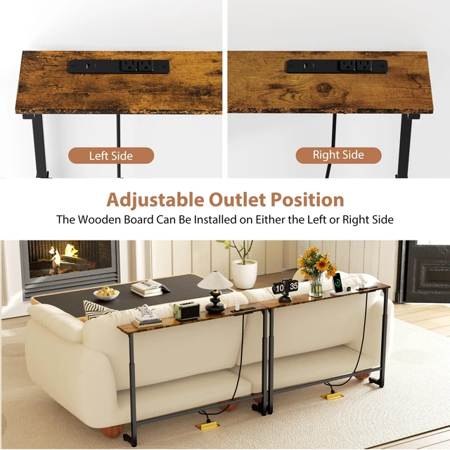 Alt view image 6 of 7 - 2 Pack Adjustable Height Narrow Console Table with Power Outlets, 90" Long Sofa Table with Charging Station Behind Couch Table Entryway Table for Living Room and Hallway Rustic Brown