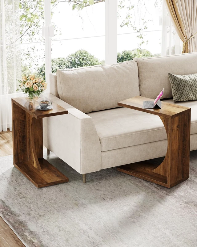 Alt view image 2 of 7 - C-Shaped End Table for Couch, Sofa Side Table, C Table for Small Space, Living Room, Bedroom (1, Brown)