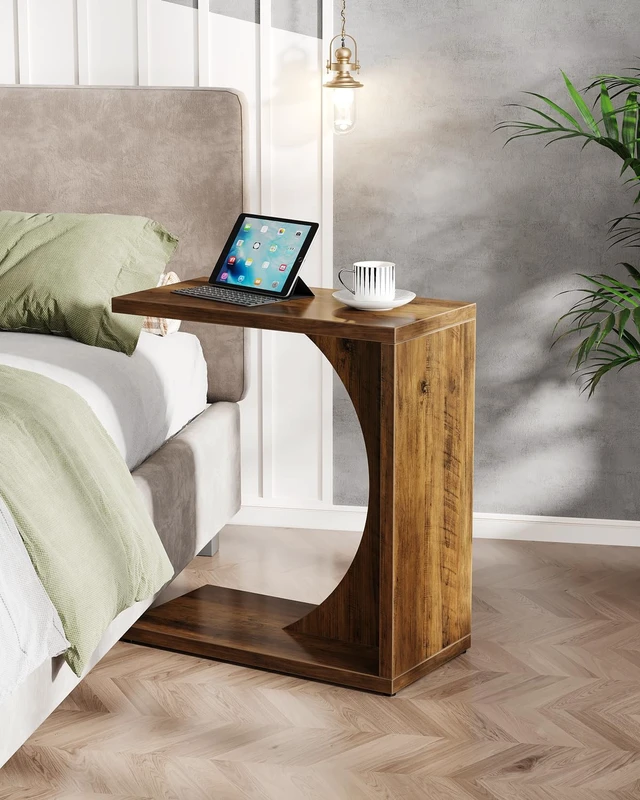 Alt view image 3 of 7 - C-Shaped End Table for Couch, Sofa Side Table, C Table for Small Space, Living Room, Bedroom (1, Brown)