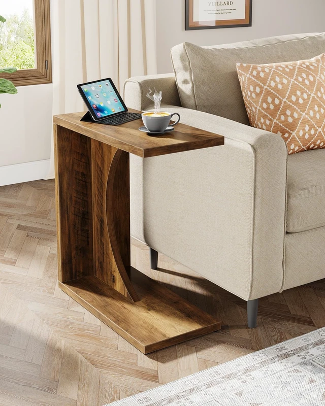 Alt view image 4 of 7 - C-Shaped End Table for Couch, Sofa Side Table, C Table for Small Space, Living Room, Bedroom (1, Brown)