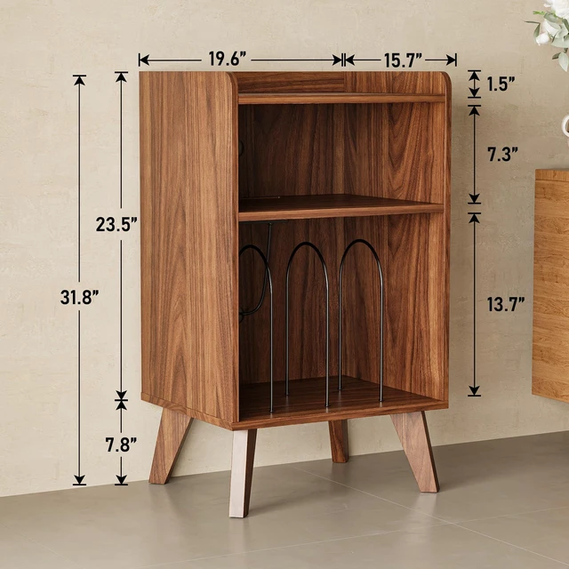 Alt view image 2 of 6 - Record Player Stand, Turntable Stand with Record Storage and Charging Station & USB Ports, Record Player Table with Metal Divider, Record Stand Up to 160 Albums for Living Room, Bedroom Walnut