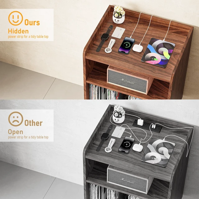 Alt view image 5 of 6 - Record Player Stand, Turntable Stand with Record Storage and Charging Station & USB Ports, Record Player Table with Metal Divider, Record Stand Up to 160 Albums for Living Room, Bedroom Walnut