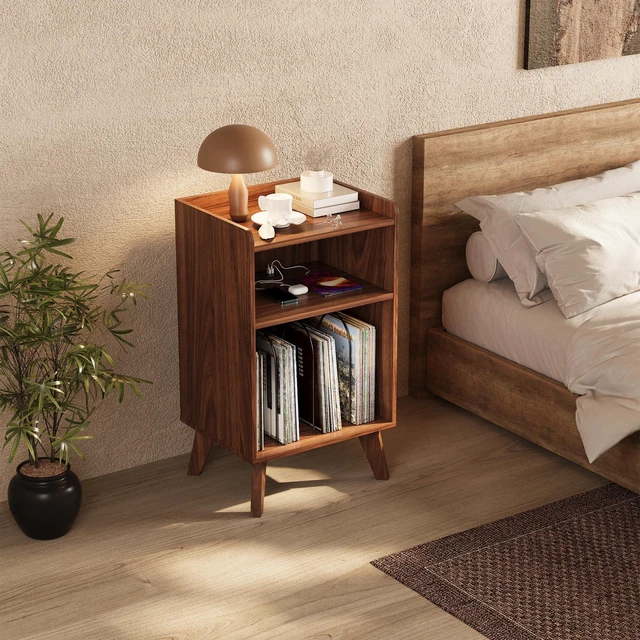 Alt view image 4 of 6 - Record Player Stand, Turntable Stand with Record Storage and Charging Station & USB Ports, Record Player Table with Metal Divider, Record Stand Up to 160 Albums for Living Room, Bedroom Walnut