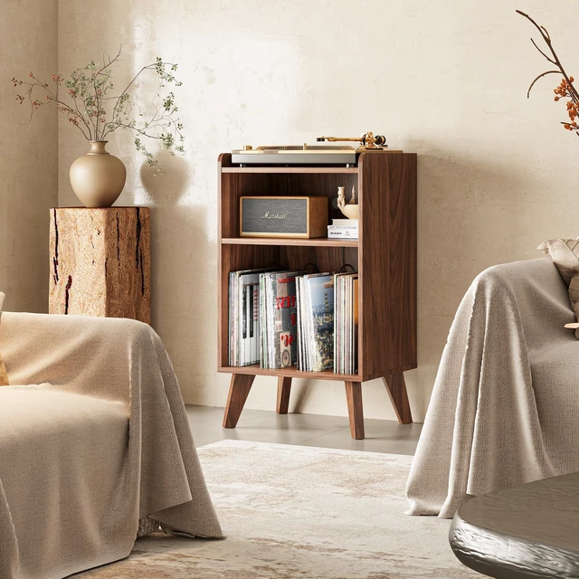 Alt view image 6 of 6 - Record Player Stand, Turntable Stand with Record Storage and Charging Station & USB Ports, Record Player Table with Metal Divider, Record Stand Up to 160 Albums for Living Room, Bedroom Walnut