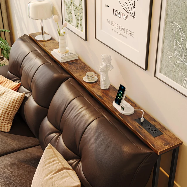 Alt view image 2 of 7 - 70.8 Inch Console Table, Skinny Sofa Table with Charging Station | Narrow Behind Couch Table with Outlet, for Living Room, Sofa Back,Rustic Brown